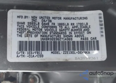 2006 Toyota Corolla Le из США, поврежденный, VIN 1NXBR32E36Z714369